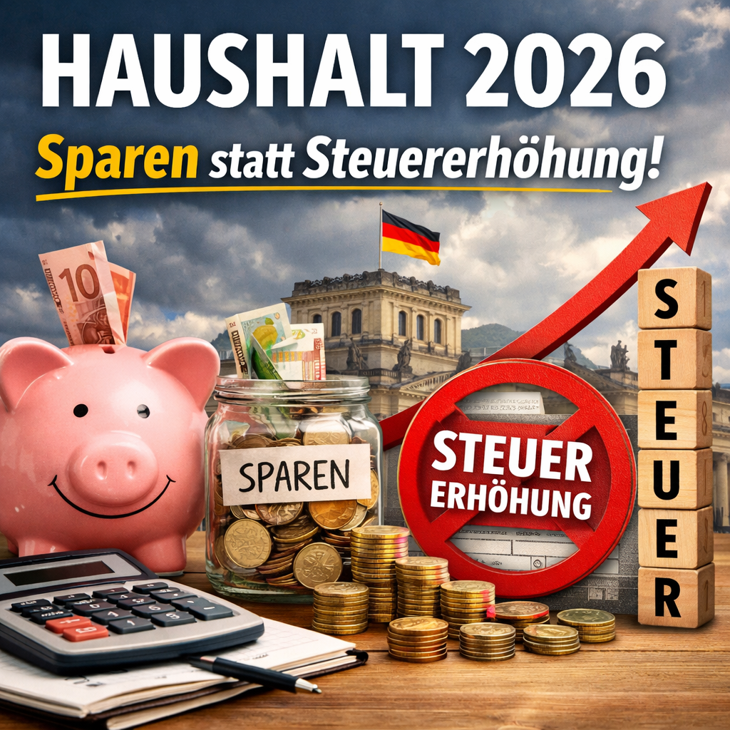 Piggy bank and jar labeled sparen with money and text Haushalt 2026 Sparen statt Steuererhöhung