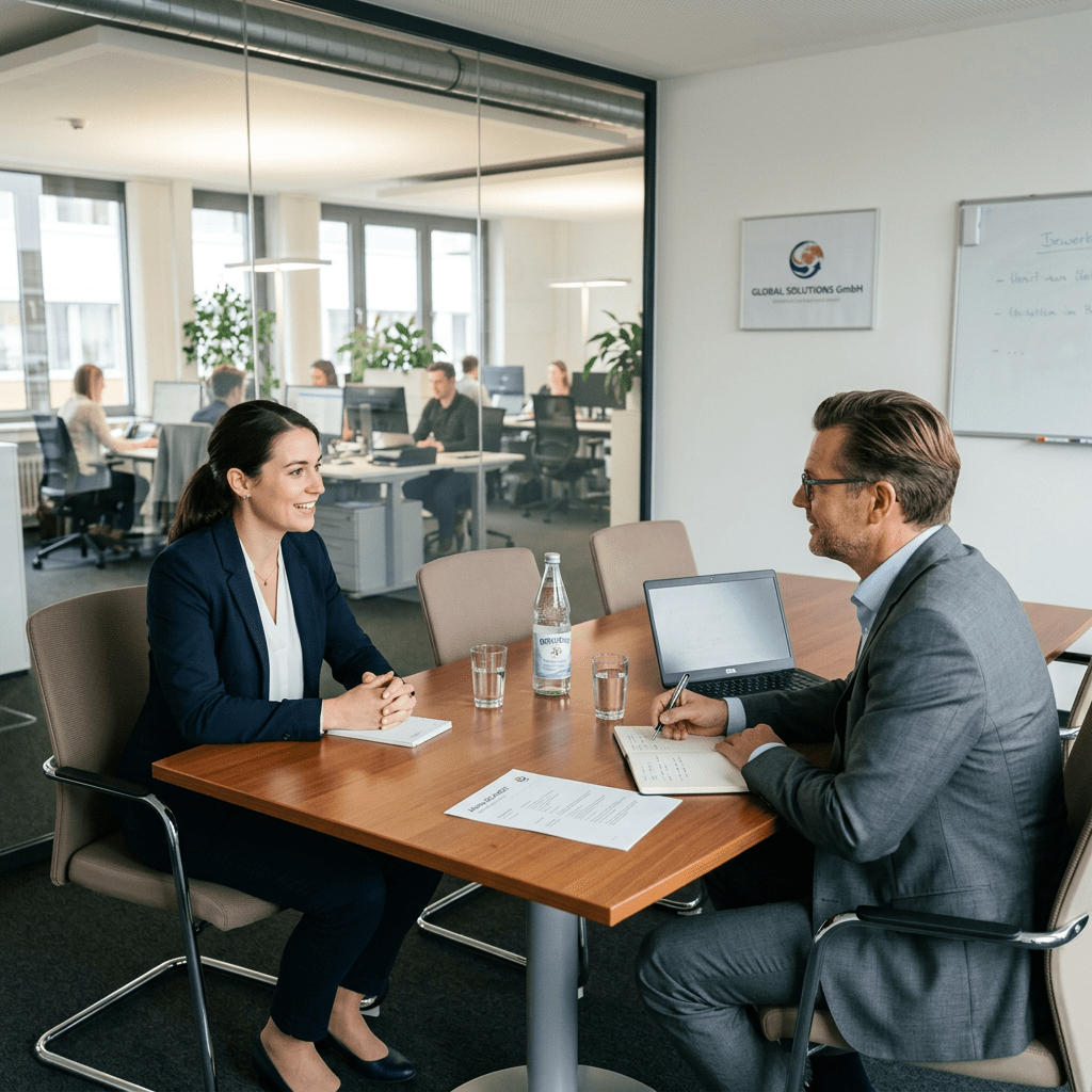 A woman in business attire sitting opposite a man in a suit during a job interview